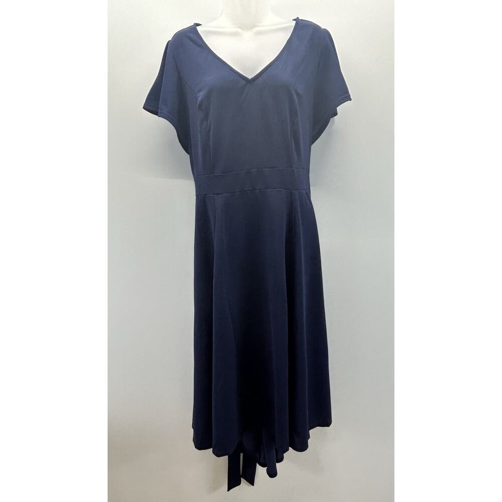Pinup Fashion Blue Classic Swing Dress Long Sleeve Size18W 2Pockets Below Knee.